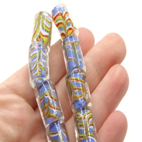 11 18mm Blue Red and Yellow Lampwork Glass Tube Beads {4}