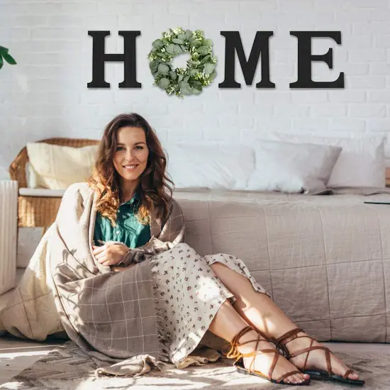 Wood Home Sign with Artificial Eucalyptus Wreath for O, Hanging Farmhouse Wall House Decor Wood Home Letters for Wall Art Rustic Home Decor, Home Wall Decor for Living Room Kitchen Entryway {3}