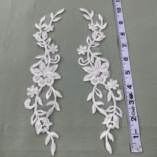 1 Pair Beaded & Corded Lace Applique Embroidered on 100% Polyester Organza 10" x 2" Each Side Ivory {1}