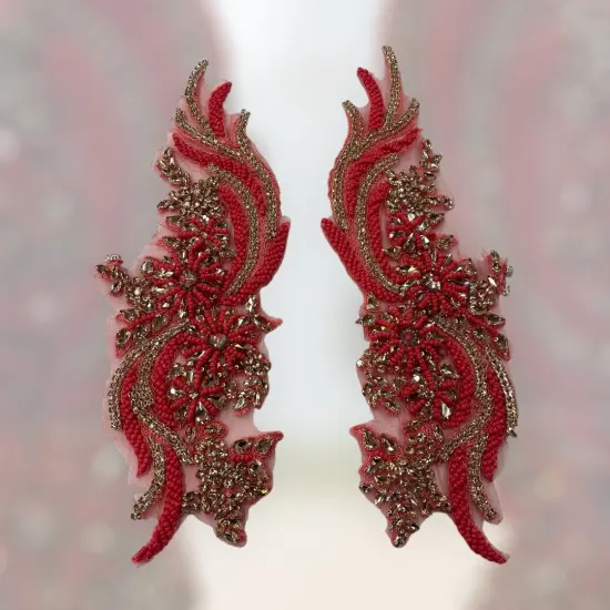 1 Pair 14" x 4" Each Side Crystal Rhinestone Beaded & Corded Lace 100% Polyester Coral Color {1}
