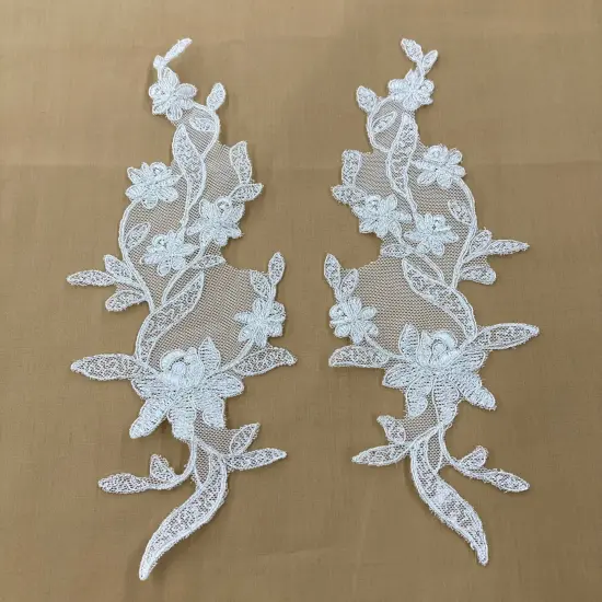 1 Pair Corded Floral Applique for Bridal, Christening & Flower Girl Dresses 11" x 3" Each Side Ivory {3}