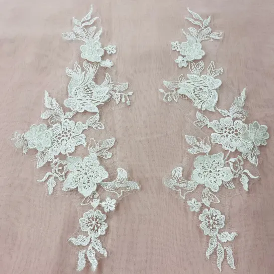 1 Pair 3D Floral Lace Applique Embroidered on 100% Polyester Net Mesh 12" x 4" Each Side Ivory {1}