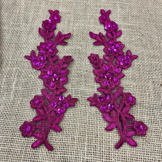 1 Pair Beaded & Corded Floral Lace Applique 10" x 2" Each Side Magenta Color {1}