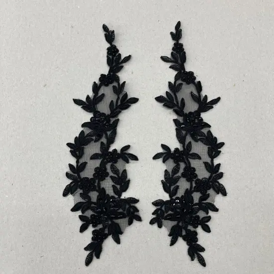 1 Pair Beaded & Corded Floral Lace Applique 13" x 4" Each Side Metallic Gold {3}