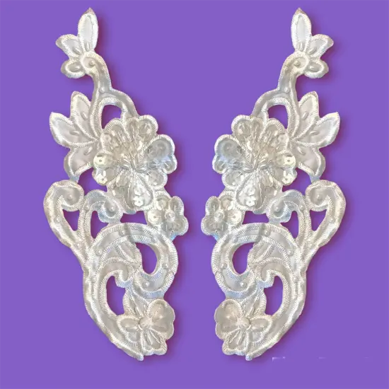 1 Pair Beaded Lace Applique Embroidered on 100% Polyester Satin 9.25" x 3.75" Each Side Ivory {1}