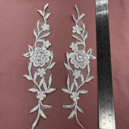 1 Pair Beaded & Corded Lace Applique Embroidered on 100% Polyester Organza 10" x 2" Each Side Antique Silver {1}