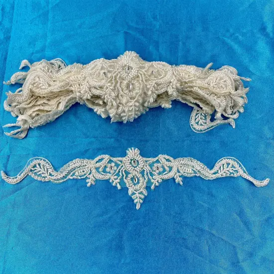 Beaded Lace Applique Embroidered on 100% Polyester Net Mesh 16" x 3.5" Ivory {5}