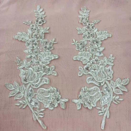 1 Pair Beaded & Corded Floral Lace Applique 100% Polyester Net Mesh 12" X 3.5" Each Side Royal Color {5}