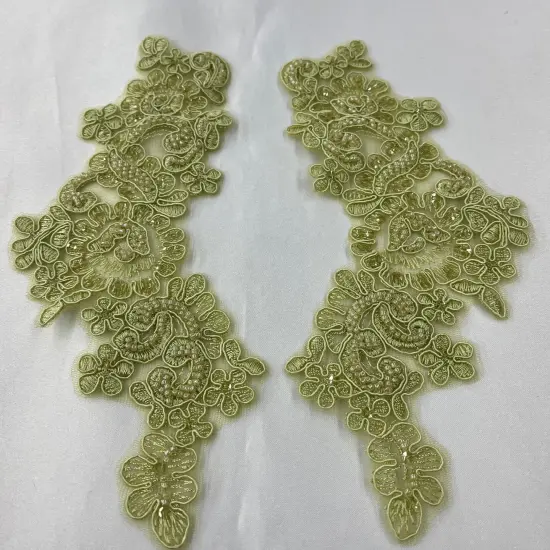 1 Pair 9" x 3" Each Side Beaded & Corded Floral Lace Applique Organza Sage Color {1}