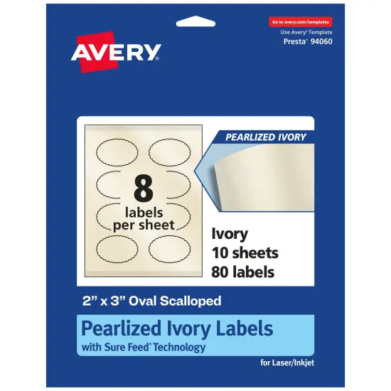 Avery Pearlized Ivory Oval Scalloped Labels with Sure Feed Technology, Print-to-the-Edge, 2" x 3" {1}