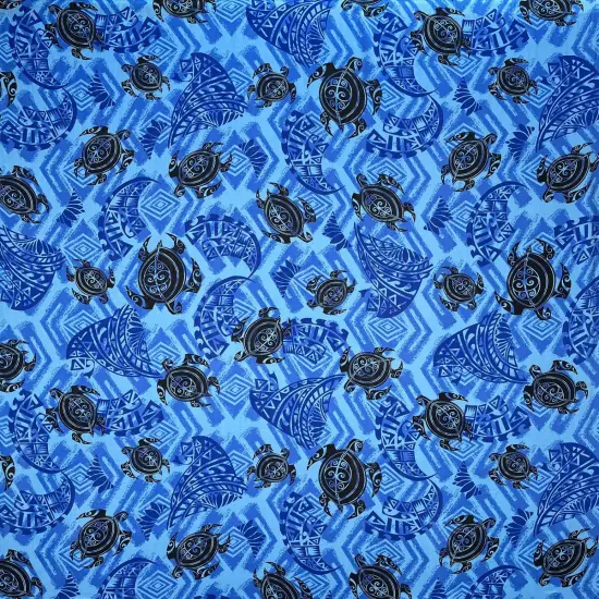 1 Yard Sea Turtles Polynesian Tattoo Fabric, 100% Rayon Poplin, 36in L x 45in W Aqua/Navy/Royal {5}