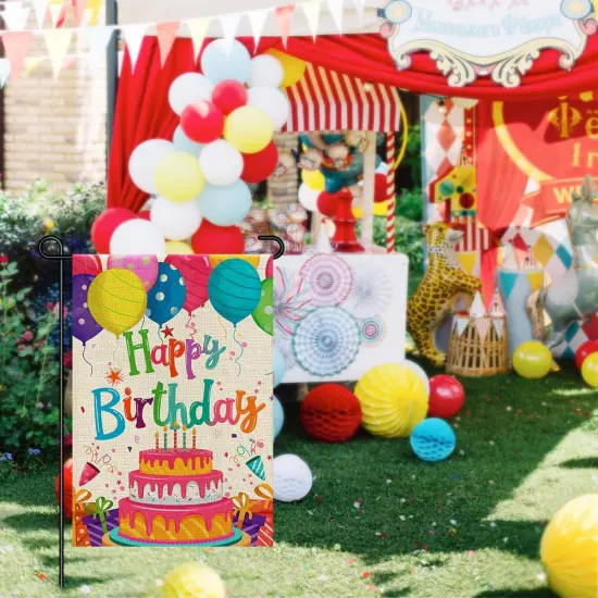Happy Birthday Garden Flags 12x18 Double Sided Burlap, Colorful Balloon Cake Toppers Personalized Banner Farmhouse Yard Sign Birthday Party Outdoor Decorations {5}