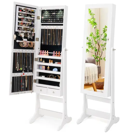 Lockable Freestanding Jewelry Cabinet Armoire with Full-Length Mirror and Lights White {1}