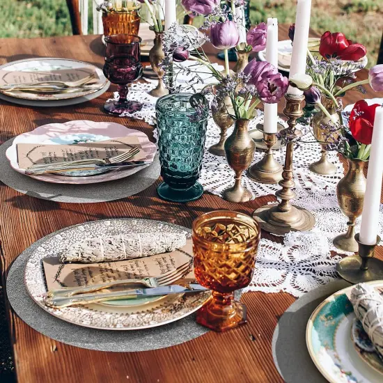 50 Pieces Silver Glitter Paper Place Mats Sparkle Round Disposable Table Mats Silver Sequin Doilies Decorative Placemats for Wedding Banquet Party Home Dining Tableware {3}