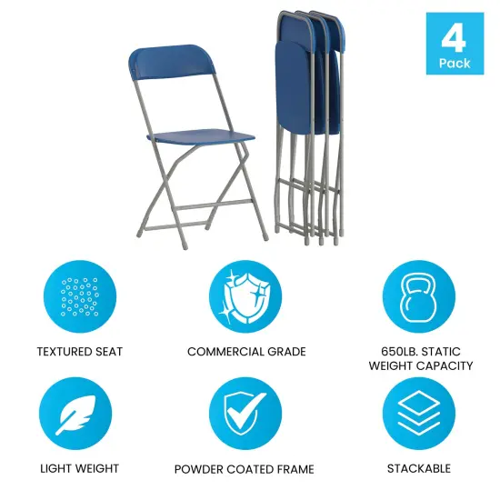 Emma and Oliver Plastic Folding Chair - 4 Pack 650LB Weight Capacity Blue {5}