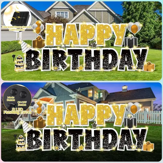 25 Pcs Extra Large 19.7 Inch Happy Birthday Yard Signs with Solar LED Light Black and Gold Birthday Lawn Signs with Metal Stakes Waterproof Outdoor Decorations for Garden Party {5}