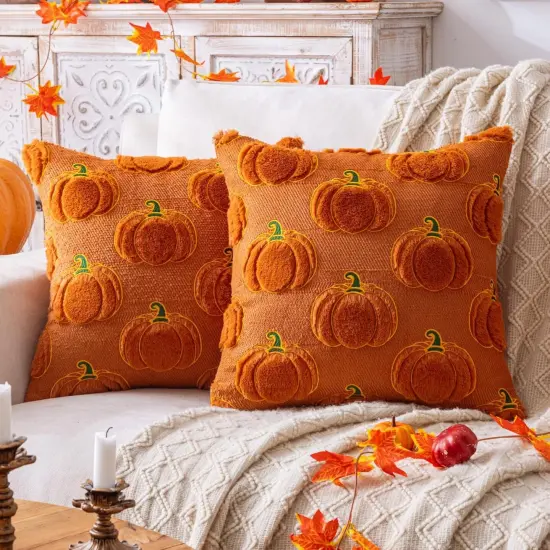 Set of 2 Fall Pumpkin Rust Throw Pillow Covers 20x20 {1}