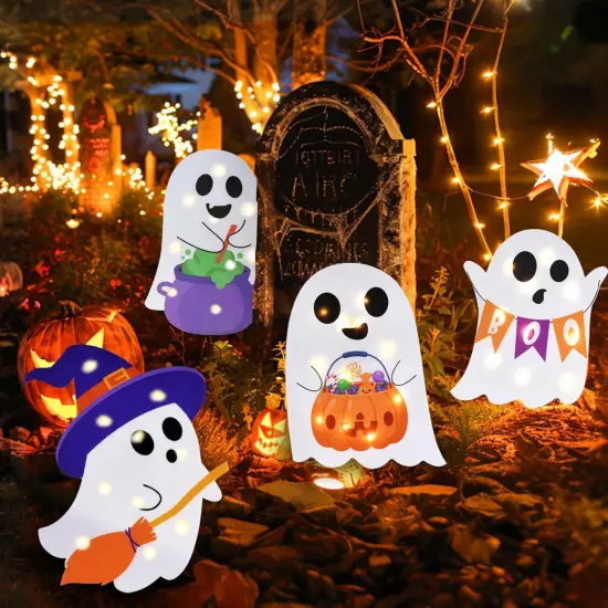 4 Packs Halloween Decorations Outdoor Scary Witch Pumpkin Boo Signs with Lights {3}