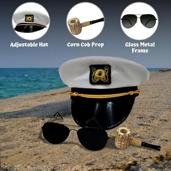 4E's Novelty Yacht Captain Hat Costume Accessories Set with Adjustable Hat, Aviator Sunglasses & Fake Pipe &ndash; Sailor Outfit Accessories for Adults, Men & Women &ndash; Nautical Party & Halloween Dress Up {2}