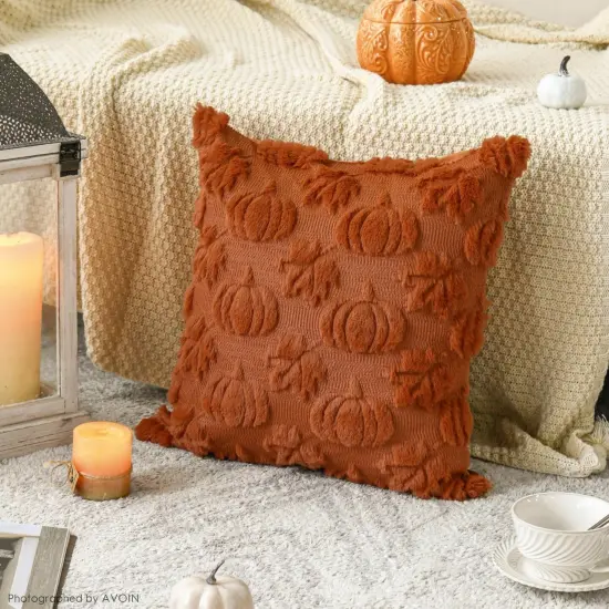 Set of 2 Fall Pumpkin Maple Leaves Caramel Throw Pillow Covers 20 x 20 Inch {2}