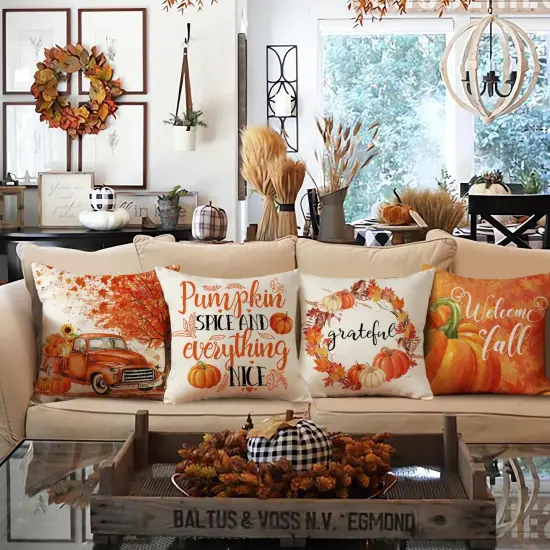 Set of 4 Fall Orange Truck Pumpkin Pillow Covers 20x20 {2}