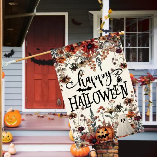 Floral Happy Halloween House Flag 28x40 Inch Double Sided Outside {3}