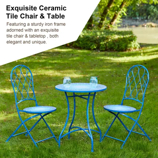 Set of 3 Outdoor Metal and Ceramic Tile Blue Folding Bistro Set {6}