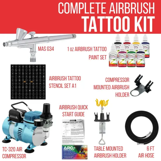 Custom Body Art System Kit with Cool Runner II Dual Fan Air Compressor, Gravity Airbrush, 8 Color Temp Tattoo Paint Set, 100 Stencils, How To Guide {2}
