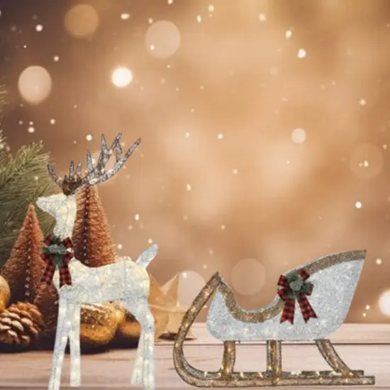 48"H Silver Deer with 38"L Sleigh Lighted Outdoor Christmas Display {2}