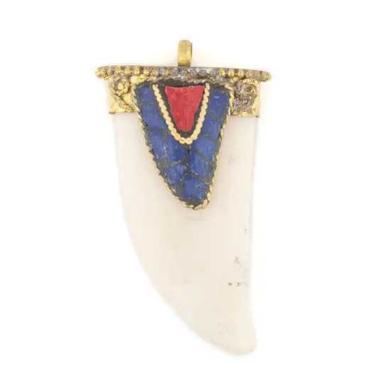 The Bead Chest Blue Inlaid Bone Tooth Pendant 30mm Nepal Multicolor Large Hole {1}
