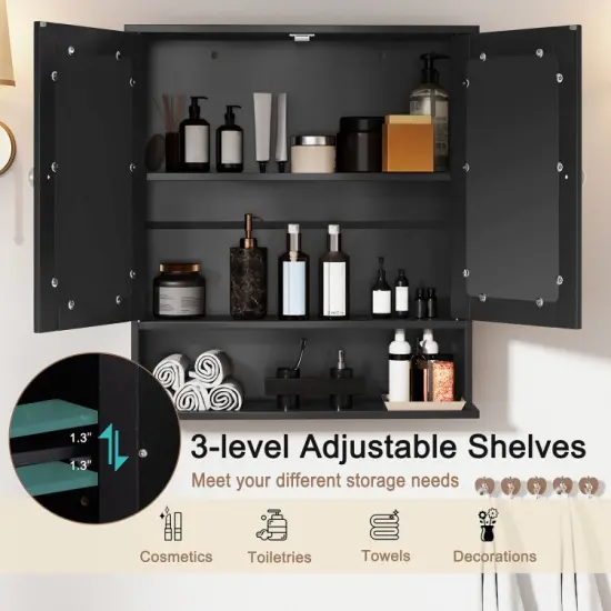 Wall Cabinet with Double Mirror Doors Adjustable Shelf Storage for Bathroom and Bedroom Black {1}