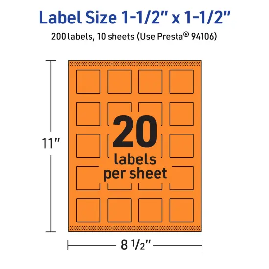 Avery Bright Orange Paper Labels, 1.5" x 1.5" Square {5}