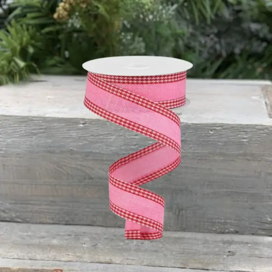 1.5" Royal Burlap Gingham Edge Ribbon: Pink/Red (10 Yards) {4}
