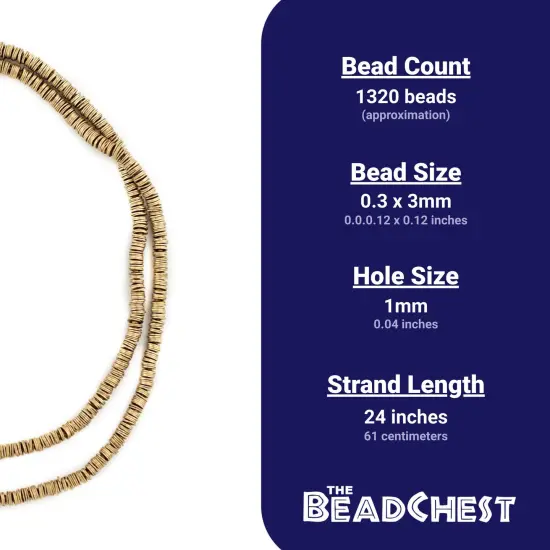 The Bead Chest Brass Flat Disk Heishi Beads (3mm), 24" Strand, Handmade for Jewelry Making & Crafts | Approximately 1320 Beads {4}