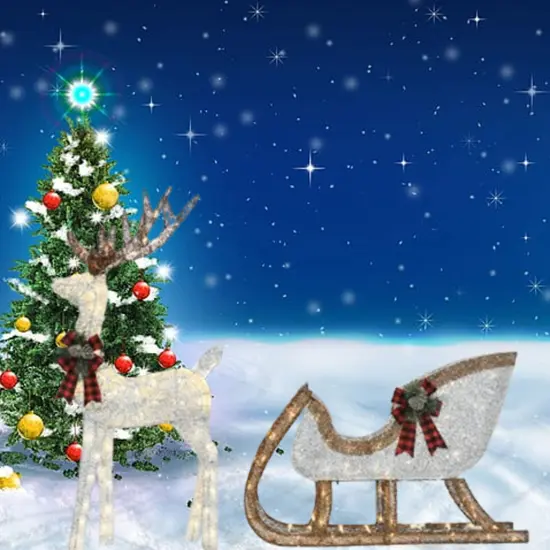 48"H Silver Deer with 38"L Sleigh Lighted Outdoor Christmas Display {1}