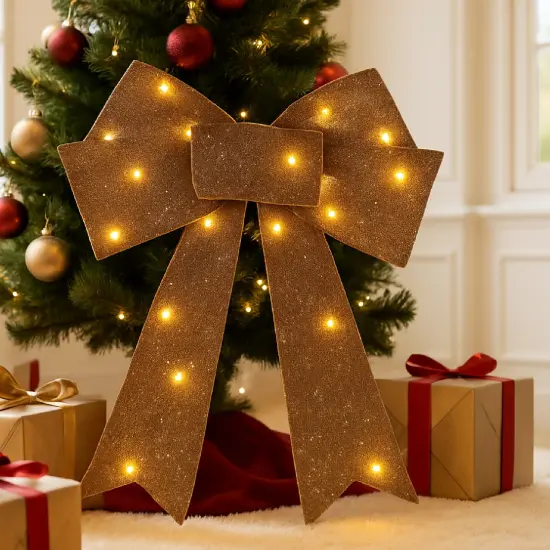 3 Sparkling Set of Pre Lit Holiday Bows Christmas Ribbon Decorations {1}