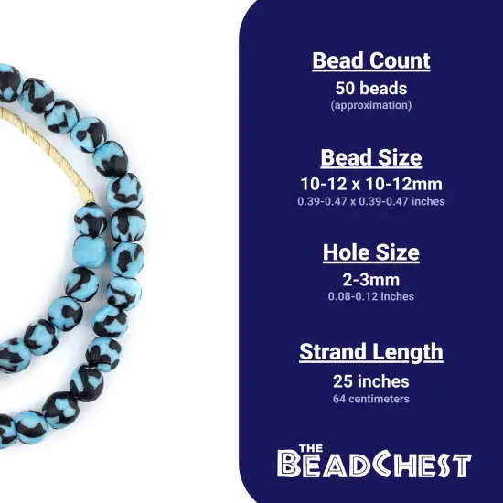 The Bead Chest Black & Blue Fused Recycled Glass Beads 11mm Ghana African Multicolor Round Large Hole 25 Inch Strand Handmade Fair Trade {4}