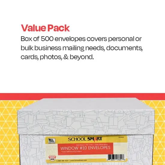 School Smart Kwik-Tak Security Window Envelope, No. 10, White, Box of 500 {7}