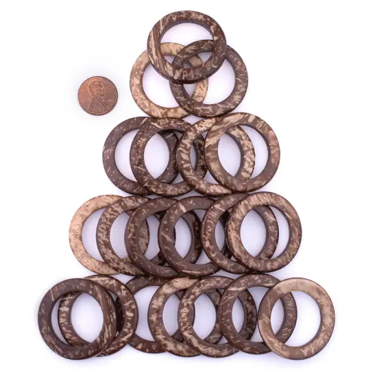 The Bead Chest Natural Coconut Shell Ring Pendants 35mm, Set of 20 Brown Wood Large Hole {2}
