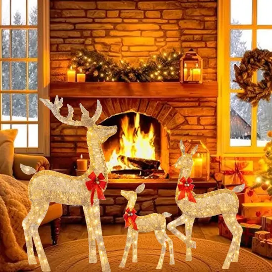 Twisted Champagne Rattan Reindeer Family for Indoor and Outdoor Holiday Use 63" + 52" + 37" {5}