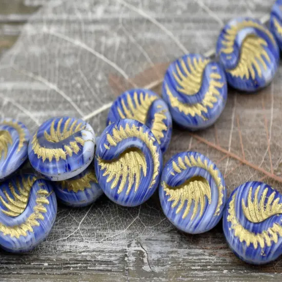 *6* 19mm Gold Washed Blue Hurricane Fossil Coin Beads {5}