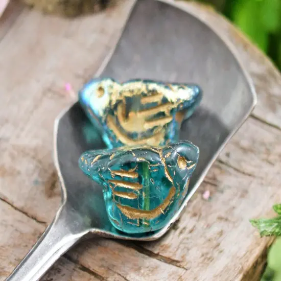 *6* 11x22mm Gold Washed Teal AB Bird Beads {1}