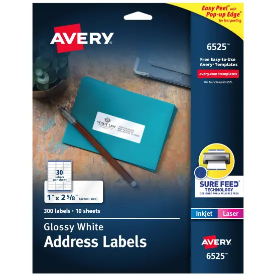 Avery Address Labels with Sure Feed and Easy Peel Technology, Glossy White Labels, 1" x 2-5/8", Permanent Adhesive, Laser/Inkjet, 300 Glossy Labels (6525) {1}