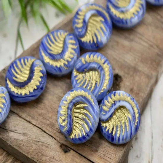*6* 19mm Gold Washed Blue Hurricane Fossil Coin Beads {1}