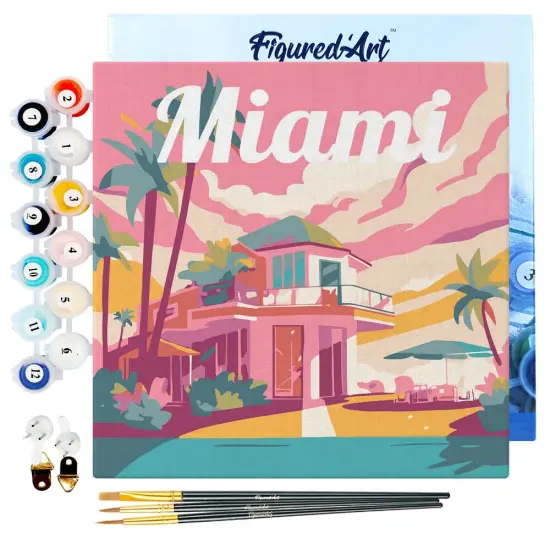 Figured'Art Mini Paint by Numbers Kit for Adults with Frame Travel Poster Miami Small format 8"x8" - Craft Art Painting DIY Canvas Already Stretched on a Wooden Frame {1}