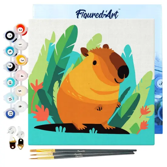 Figured'Art Mini Paint by Numbers Kit for Adults with Frame Tropical Capybara Small format 8"x8" - Craft Art Painting DIY Canvas Already Stretched on a Wooden Frame {1}