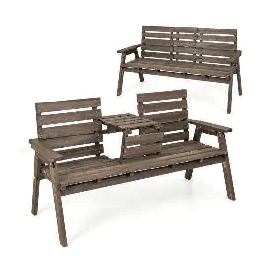 Coffee Wooden Outdoor Bench with Foldable Middle Table Ideal for 2-3 People {1}