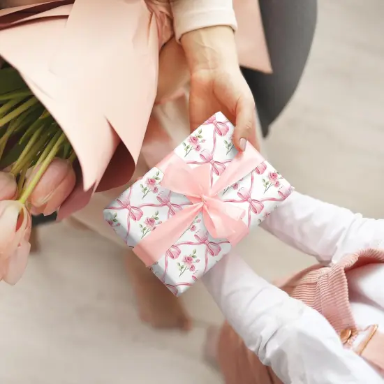 6 Sheets Spring Pink Bow Flowers Wrapping Paper - Not Roll - Watercolor Pink Bow Gift Wrap Paper Folded Flat Coquette Bowknot for Valentine's Day Baby Shower DIY Crafts, 19.7 x 27.6 Inch {3}