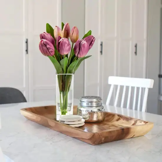 Fake Flowers Artificial Tulip Flower Purple in Clear Vase, Real Touch EVA Tulip Arrangement Suitable for Home Office Fall Decoration, Dining Table Centerpiece {4}