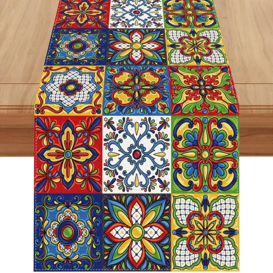 Linen Mexican Talavera Ceramic Tile Table Runner 72 Inches Long Mexican Fiesta Tablecloth Cinco De Mayo Party Decoration and Supplies for Table {4}